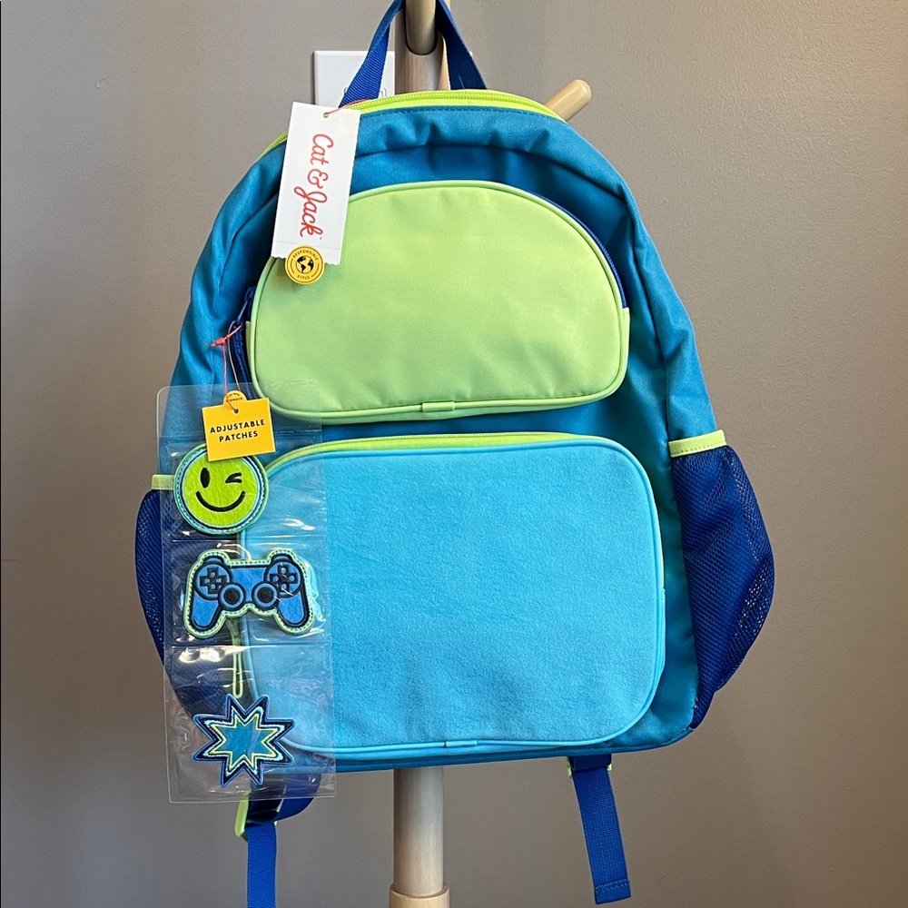 NEW Cat & Jack Blue and Lime Backpack with Fun Patches